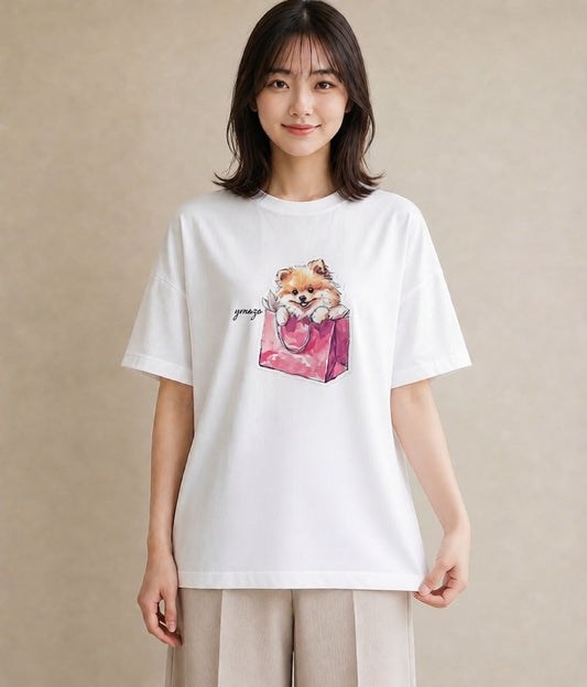 プリントTシャツ レディース ポメラニアン ポメ 犬 いぬ イラスト ラフ 通勤 在宅 白T