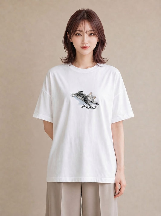 デザインTシャツ レディース ねこ 猫 ネコ イラスト ポップ 社会人 女性 白T YMAZO
