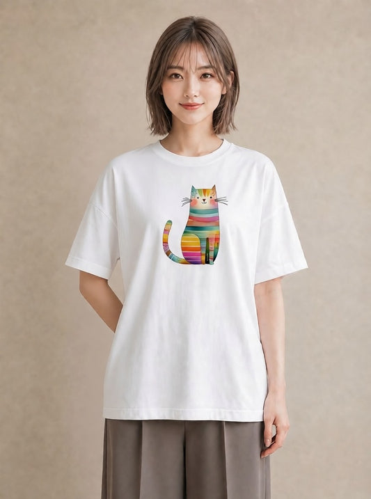 半袖Tシャツ レディース 猫好き 猫 ねこ イラスト 線画 休日 ペアコーデ 白T YMAZO