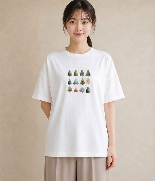 グラフィックTシャツ レディース 森 植物 ボタニカル イラスト 淡色 ミセス 春コーデ 白T YMAZO