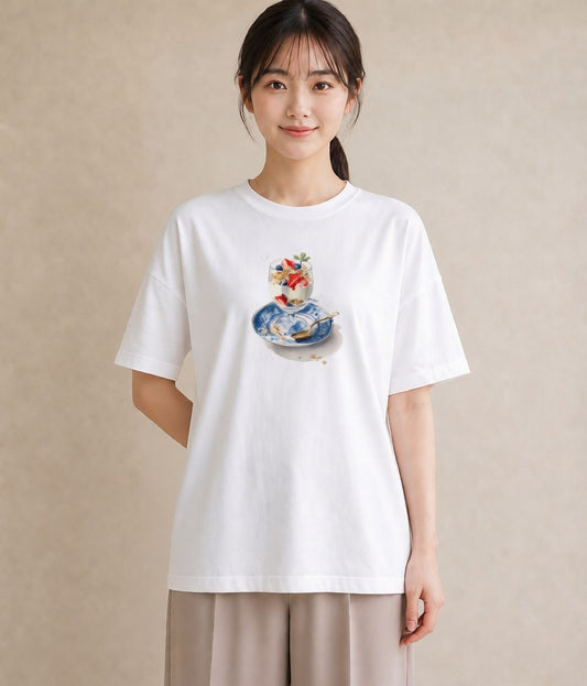 プリントTシャツ レディース パフェ 食べ物 フード イラスト 可愛い 敬老の日 ホワイトデー 白T YMAZO