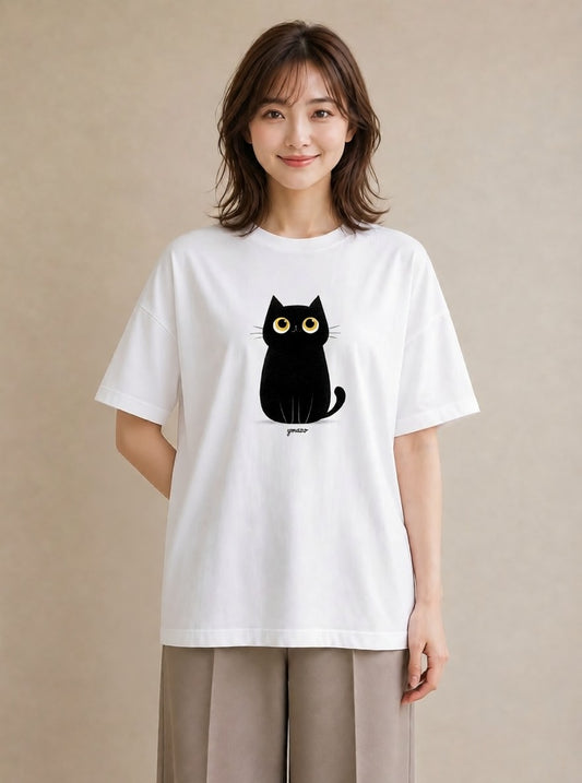 グラフィックTシャツ レディース 黒猫 猫 ねこ イラスト 上品 クリスマス 旅行 白T YMAZO