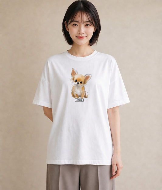 Tシャツ レディース ロングコートチワワ 犬 いぬ イラスト モード 誕生日プレゼント 綿100 白T
