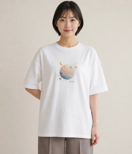 プリントTシャツ レディース 満月 星空 宇宙 イラスト きれいめカジュアル クリスマス 旅行 白T YMAZO