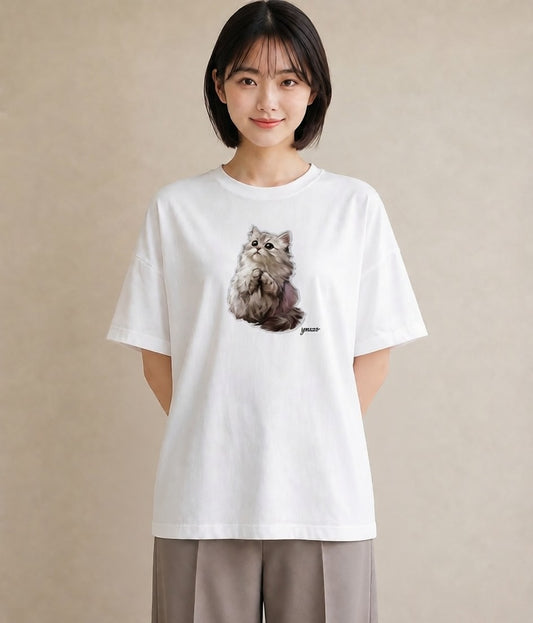 半袖Tシャツ レディース スコティッシュフォールド 猫 ねこ イラスト きれいめ カフェ服 クリスマス 白T YMAZO