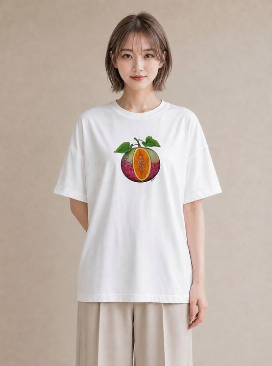 Tシャツ レディース メロン 食べ物 フード イラスト 普段使い 旅行用 海 白T YMAZO