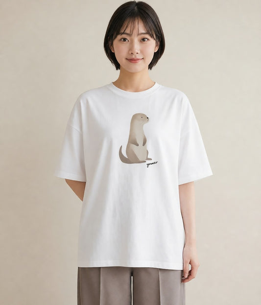 グラフィックTシャツ レディース フェレット ペット 動物 イラスト 線画 カジュアルコーデ 買い物 白T YMAZO