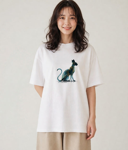 Tシャツ レディース スフィンクス 猫 ねこ イラスト 北欧風 ラフ レイヤード 白T YMAZO