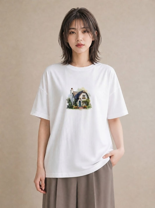 プリントTシャツ レディース 湖畔の小屋 湖 小屋 ナチュラル アンティーク イラスト ヴィンテージ風 秋コーデ おしゃれギフト 白T