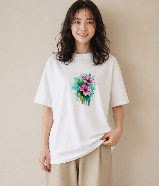 Tシャツ レディース あさがお 朝顔 花 花柄 イラスト 抜け感 休日 ペアコーデ 白T YMAZO