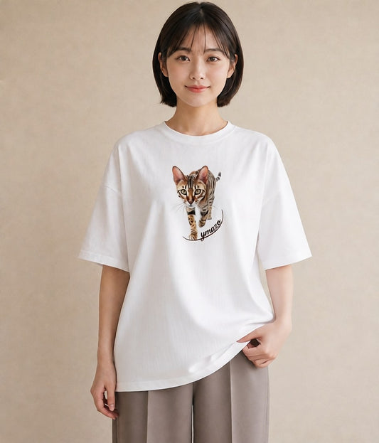 Tシャツ レディース ぶち猫 猫 ねこ イラスト ゆるかわ 女性向けギフト 散歩 白T YMAZO