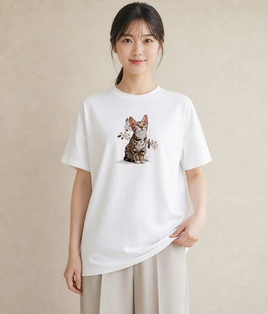 半袖Tシャツ レディース サビ猫 猫 ねこ イラスト きれいめ ルームウェア ギフト 白T YMAZO