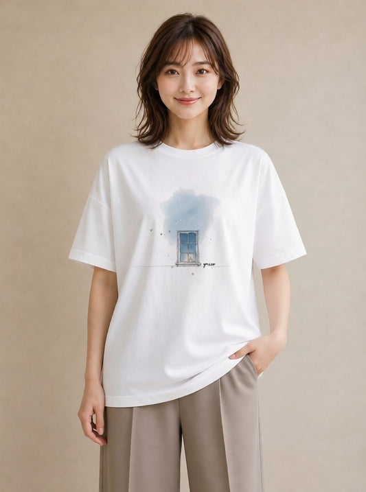 Tシャツ レディース 夕暮れ バルコニー 夕焼け ナチュラル アンティーク イラスト 線画 旅行用 海 白T