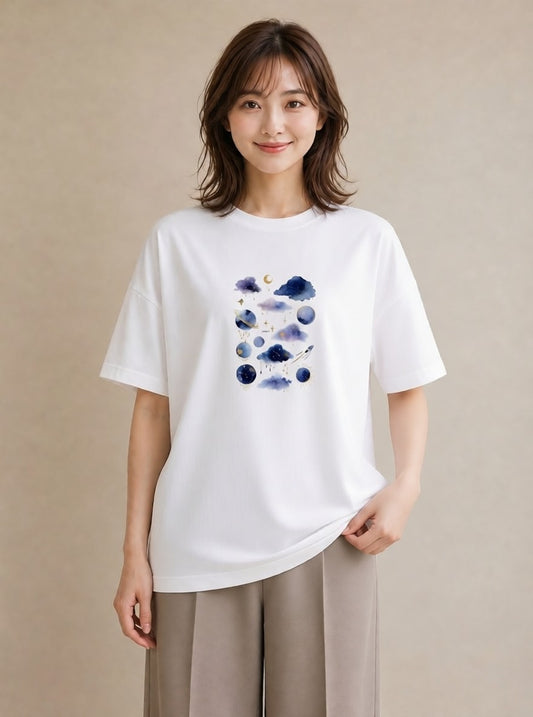 プリントTシャツ レディース 天秤座 星空 宇宙 イラスト こなれ感 通勤 在宅 白T YMAZO