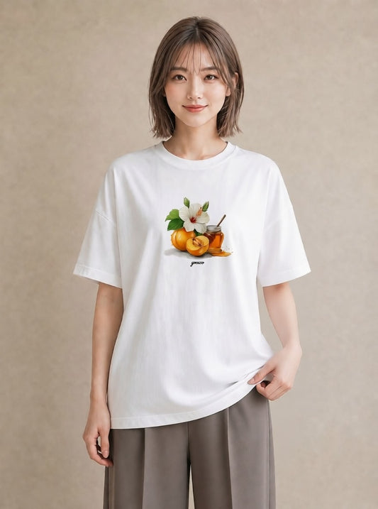 プリントTシャツ レディース はちみつ 食べ物 フード イラスト 線画 夏コーデ 通学 白T YMAZO