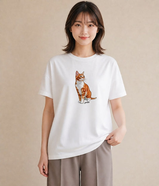 半袖Tシャツ レディース 猫 ねこ イラスト 抜け感 誕生日プレゼント 綿100 白T YMAZO