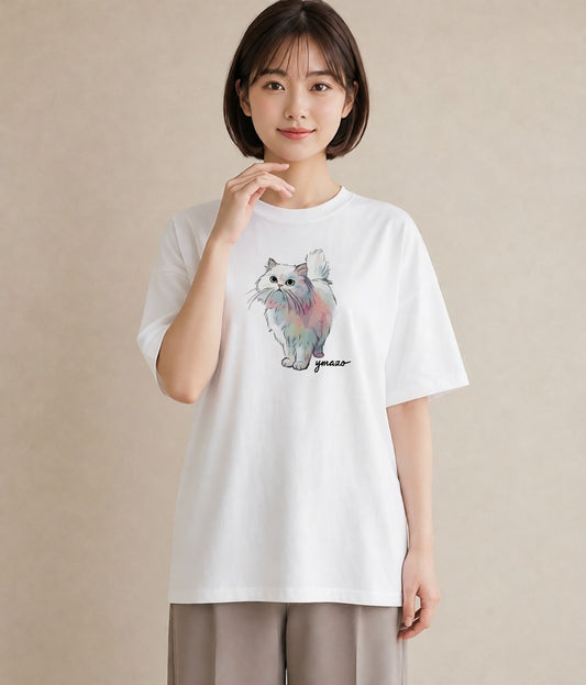 Tシャツ レディース おすわり猫 猫 ねこ イラスト モード ママ カフェ服 白T YMAZO