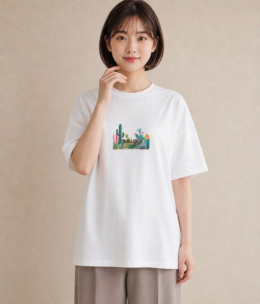 プリントTシャツ レディース サボテン 植物 ボタニカル イラスト 淡色 ホワイトデー 春服 白T YMAZO