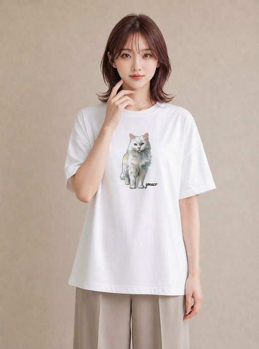Tシャツ レディース スコティッシュフォールド 猫 ねこ イラスト 敬老の日 ホワイトデー 白T YMAZO