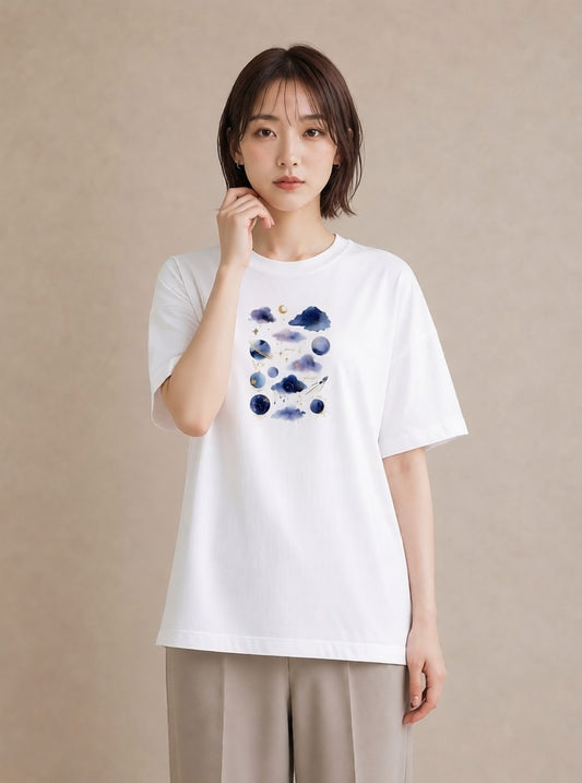 グラフィックTシャツ レディース 水瓶座 星空 宇宙 イラスト レトロ 女性 旅行用 白T YMAZO