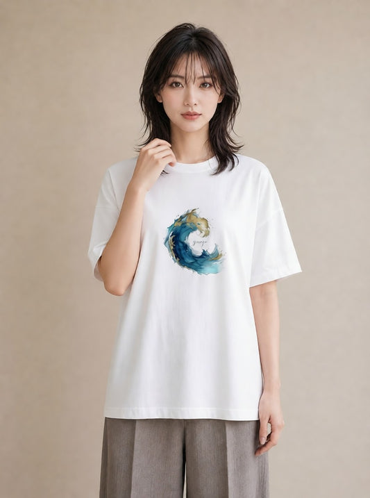 プリントTシャツ レディース 波 星空 宇宙 イラスト こなれ感 通勤 在宅 白T YMAZO