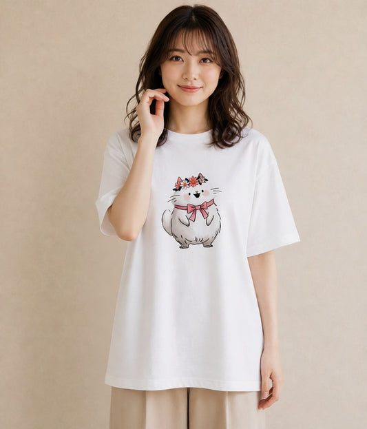 デザインTシャツ レディース 白猫 猫 ねこ イラスト レトロ カフェ巡り 女子会 白T YMAZO
