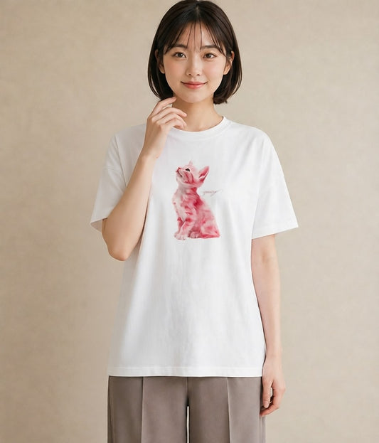 半袖Tシャツ レディース しっぽ 猫 ねこ イラスト アート風 ギフト 母の日 白T YMAZO