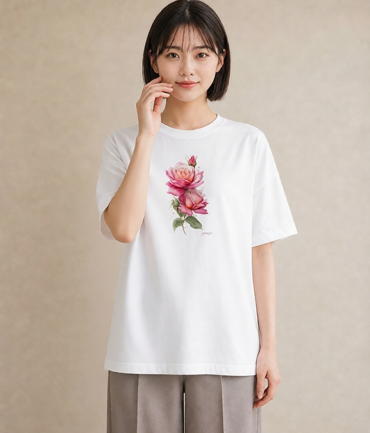 グラフィックTシャツ レディース バラ 薔薇 ローズ 花 花柄 イラスト 個性的 海 カフェ巡り 白T YMAZO
