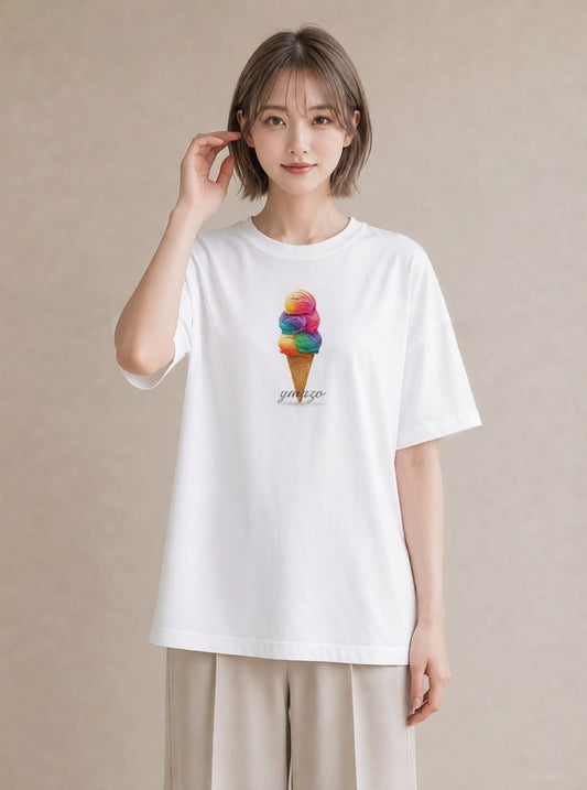 グラフィックTシャツ レディース ソフトクリーム 食べ物 フード イラスト 線画 普段着 週末コーデ 白T YMAZO