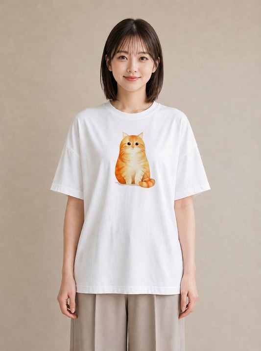 半袖Tシャツ レディース おすわり猫 猫 ねこ イラスト 手描き風 親子 20代 白T YMAZO