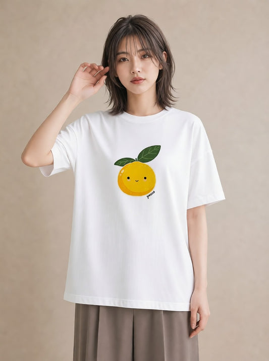 プリントTシャツ レディース みかん 食べ物 フード イラスト カフェコーデ ミセス 春コーデ 白T YMAZO