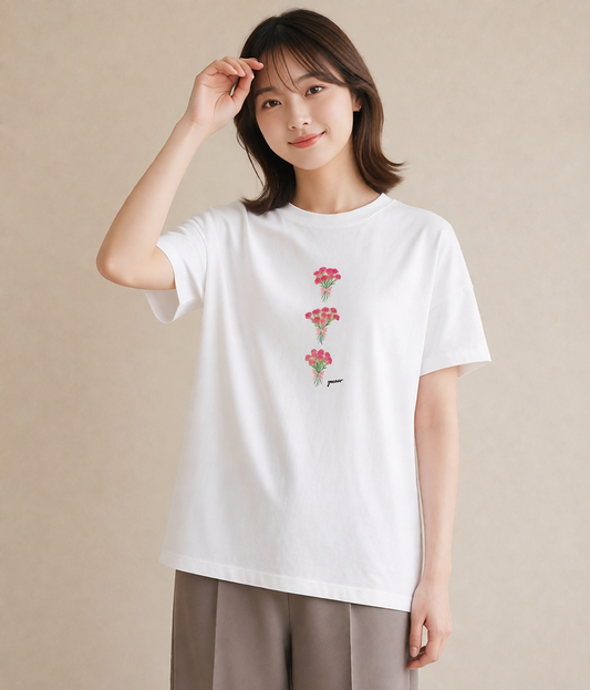 プリントTシャツ レディース カーネーション 花 花柄 イラスト カジュアル 在宅 公園 白T YMAZO