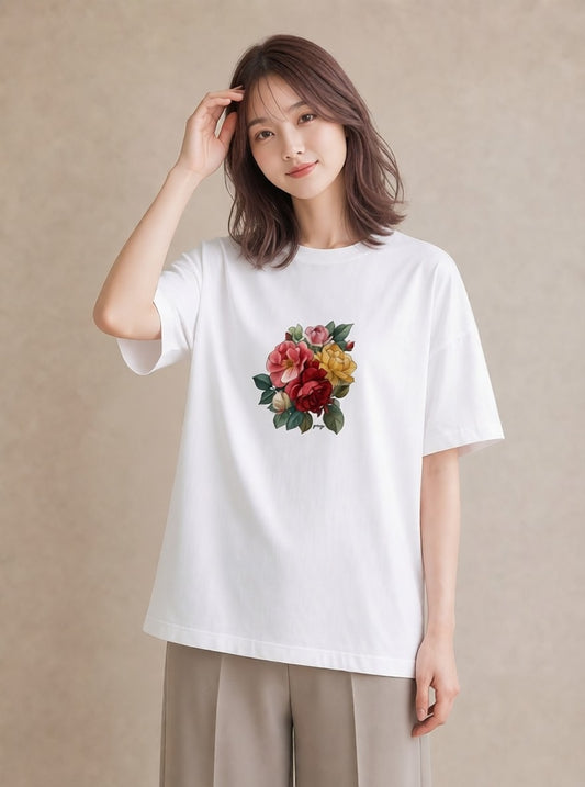 半袖Tシャツ レディース 椿 花 花柄 イラスト 水彩風 女性向けギフト 散歩 白T YMAZO