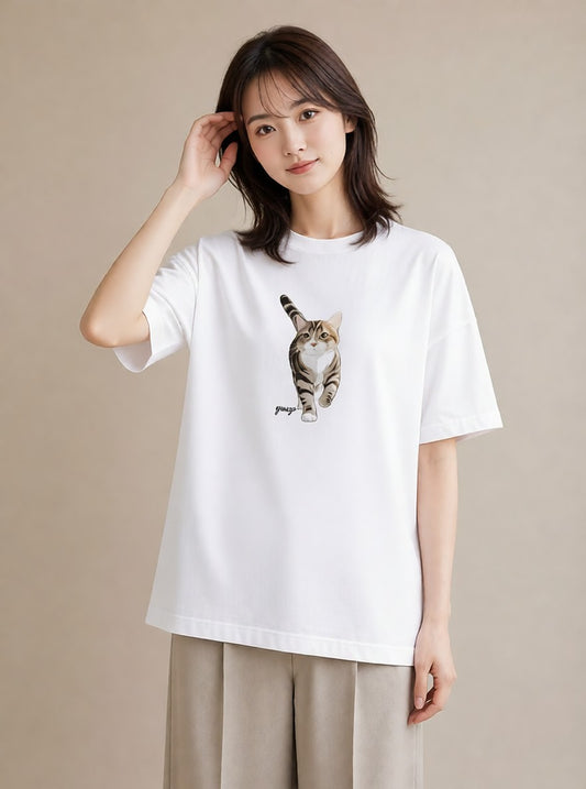 半袖Tシャツ レディース アメリカンショートヘア 猫 ねこ イラスト きれいめ 帰省 ラフ 白T YMAZO