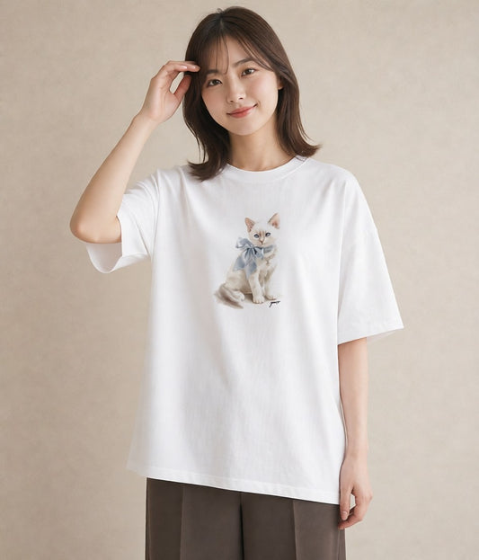 グラフィックTシャツ レディース 愛猫 猫 ねこ イラスト カジュアル 秋コーデ おしゃれギフト 白T YMAZO