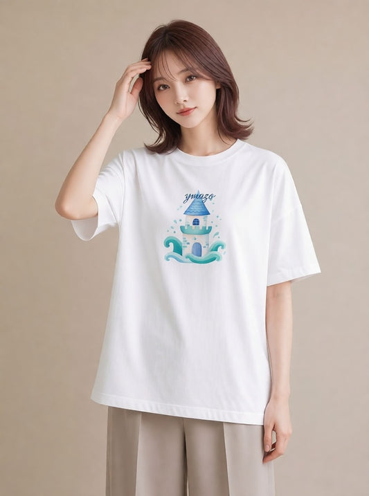 半袖Tシャツ レディース 海 星空 宇宙 イラスト 線画 通勤 在宅 白T YMAZO
