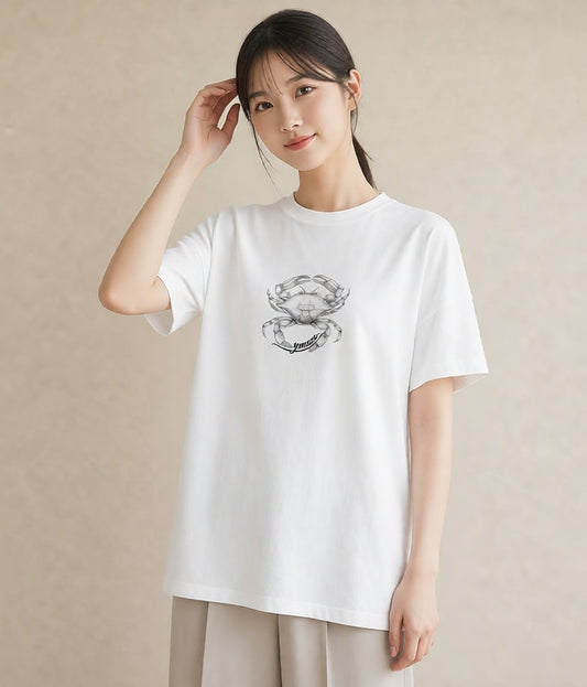 半袖Tシャツ レディース カニ 海の生き物 海 イラスト 抜け感 ママ カフェ服 白T YMAZO