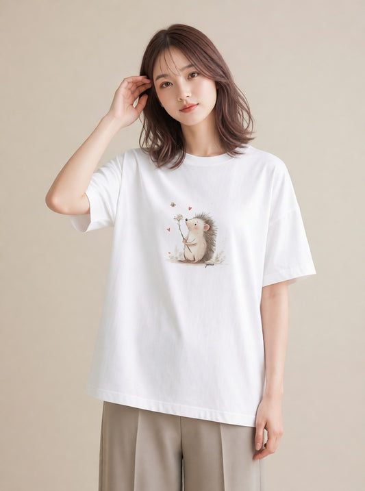 グラフィックTシャツ レディース ハリネズミ ペット 動物 イラスト アート風 レイヤード 友達ギフト 白T YMAZO
