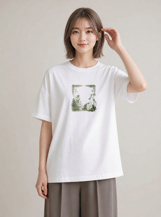 半袖Tシャツ レディース シダ 植物 ボタニカル イラスト ナチュラル 夏コーデ 通学 白T YMAZO