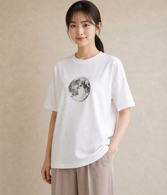 半袖Tシャツ レディース 満月 星空 宇宙 イラスト 個性的 買い物 夏コーデ 白T YMAZO