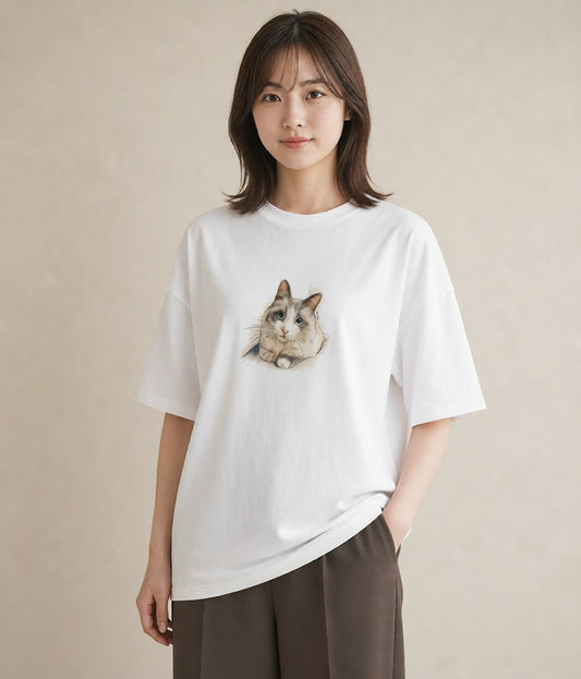デザインTシャツ レディース ペルシャ 猫 ねこ イラスト ニュアンス 普段着 週末コーデ 白T YMAZO