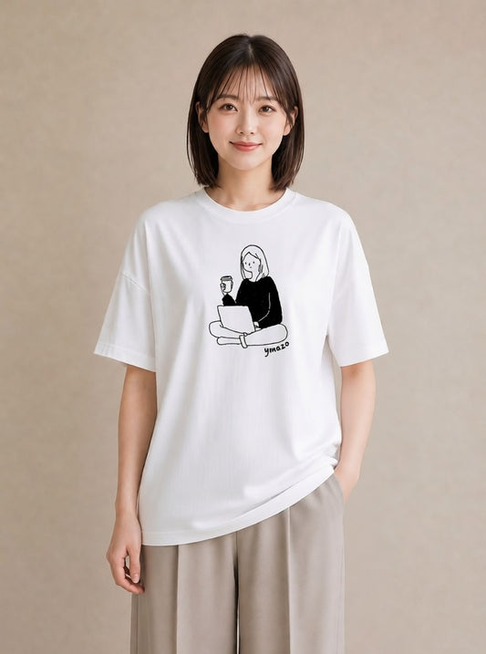 半袖Tシャツ レディース 本 読書 ブック イラスト カフェコーデ 休日 ペアコーデ 白T YMAZO