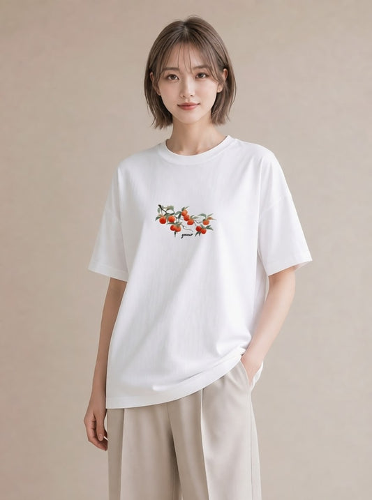 グラフィックTシャツ レディース みかん 食べ物 フード イラスト モード 夏コーデ 通学 白T YMAZO