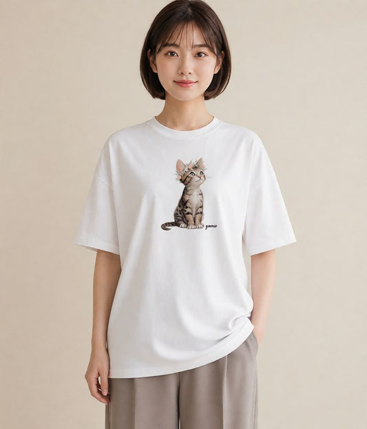 グラフィックTシャツ レディース サビ猫 猫 ねこ イラスト 在宅 公園 白T YMAZO
