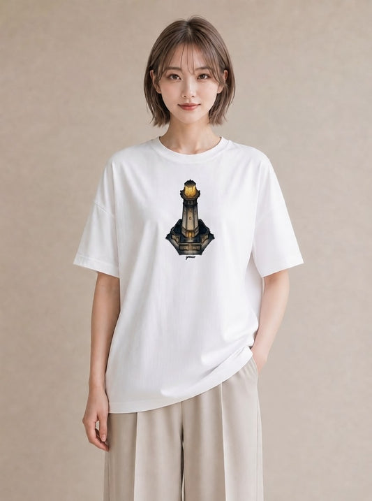 デザインTシャツ レディース 灯台 霧 海 ナチュラル アンティーク イラスト 抜け感 通学 誕生日プレゼント 白T