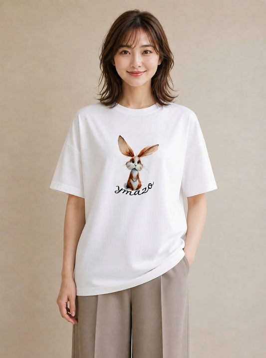 Tシャツ レディース ロップイヤー ペット 動物 イラスト アート風 ビーチ デイリーウェア 白T YMAZO
