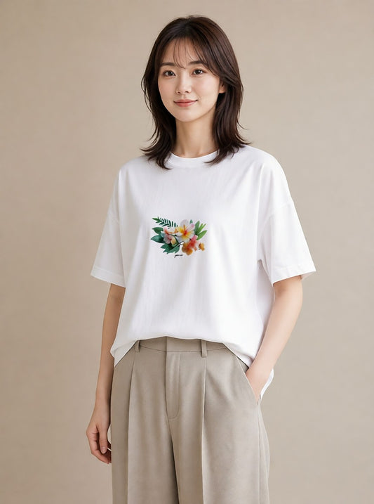 Tシャツ レディース ゆり 百合 花 花柄 イラスト 北欧風 旅行用 海 白T YMAZO