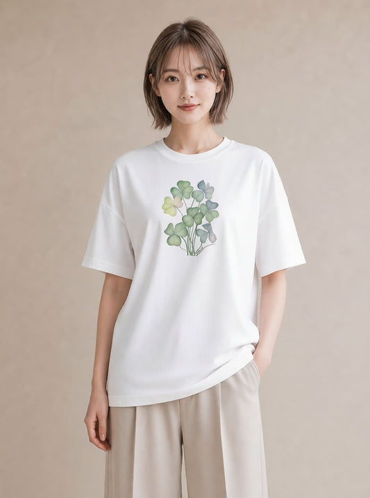 デザインTシャツ レディース クローバー 四つ葉 花 花柄 イラスト きれいめカジュアル 通勤 在宅 白T YMAZO