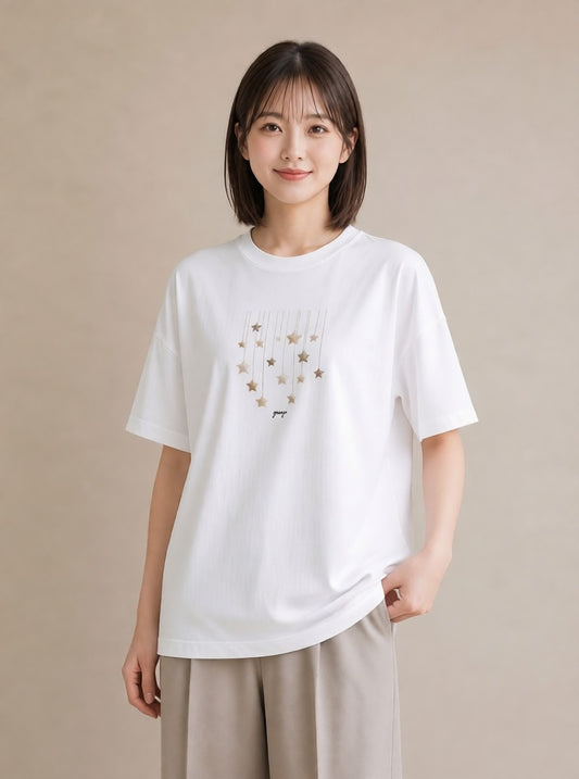 プリントTシャツ レディース スター 星空 宇宙 イラスト カジュアル 帰省 ラフ 白T YMAZO