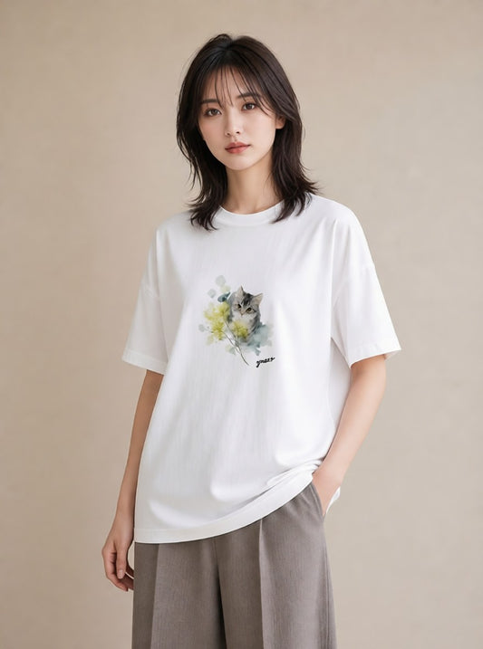 プリントTシャツ レディース 猫好き 猫 ねこ イラスト 淡色 友達ギフト 部屋着 白T YMAZO